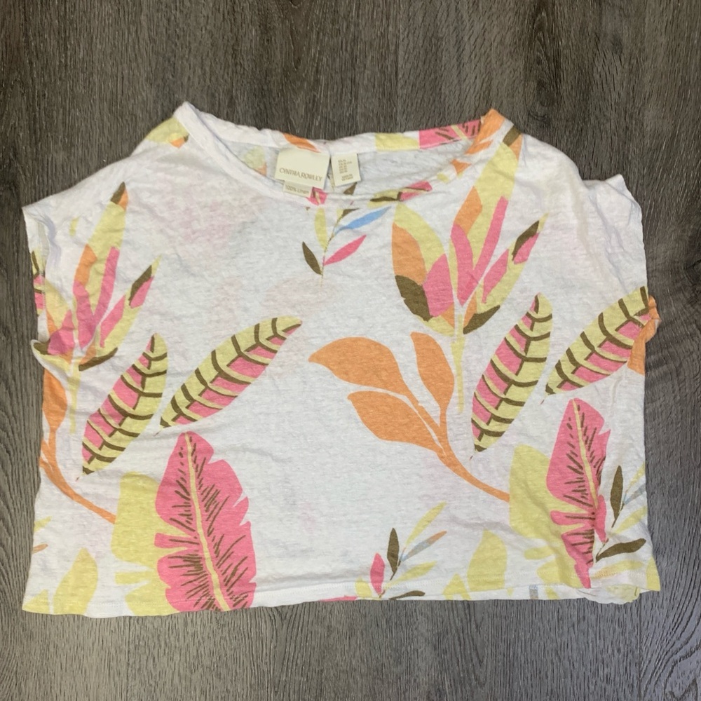 Cynthia Rowley Linen Top Orange White Pink Botanical Print Boxy Size X-Large